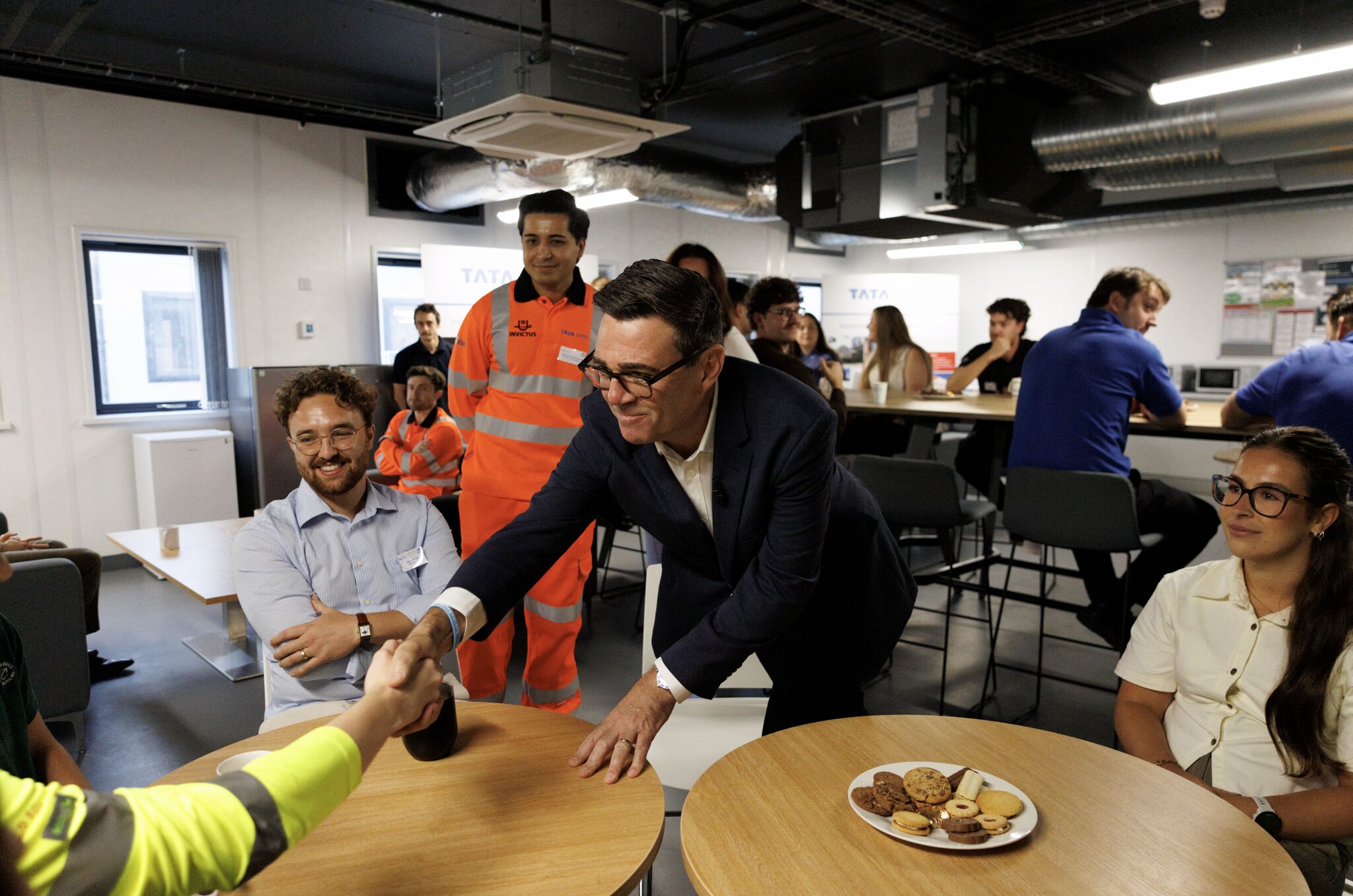 Andy Burham, Prime Minister meeting staff at Tata Steel UK