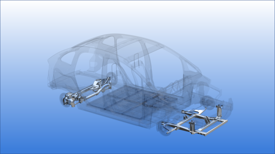 Chassis and suspension parts in situ in a 3D drawing of a car frame Chassis and suspension parts in situ in a 3D drawing of a car frame