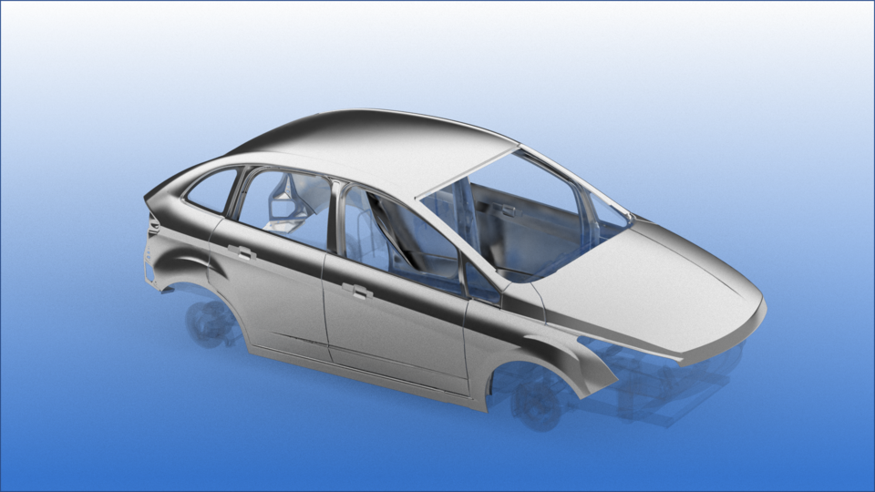Automotive vehicle frame showing outer panels Automotive vehicle frame showing outer panels