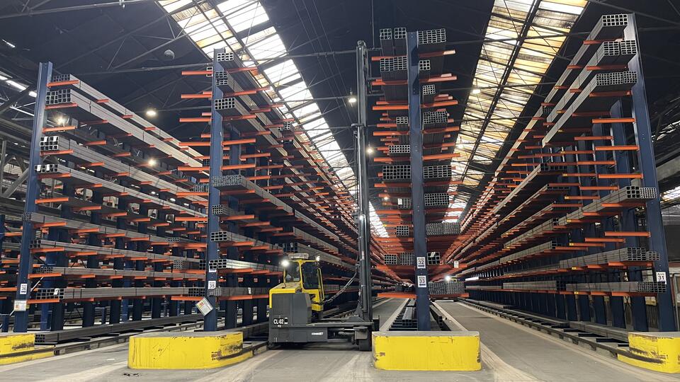 One of the Multi-Directional Trucks operating in the new tubes storage and distribution facility at Tata Steel’s Corby works
