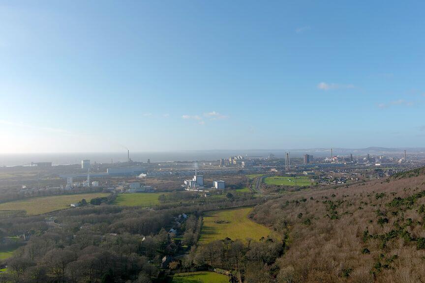 Aerial view of Port Talbot site and surrounding land from Margam, Neath Port Talbot Aerial view of Port Talbot site and surrounding land from Margam, Neath Port Talbot