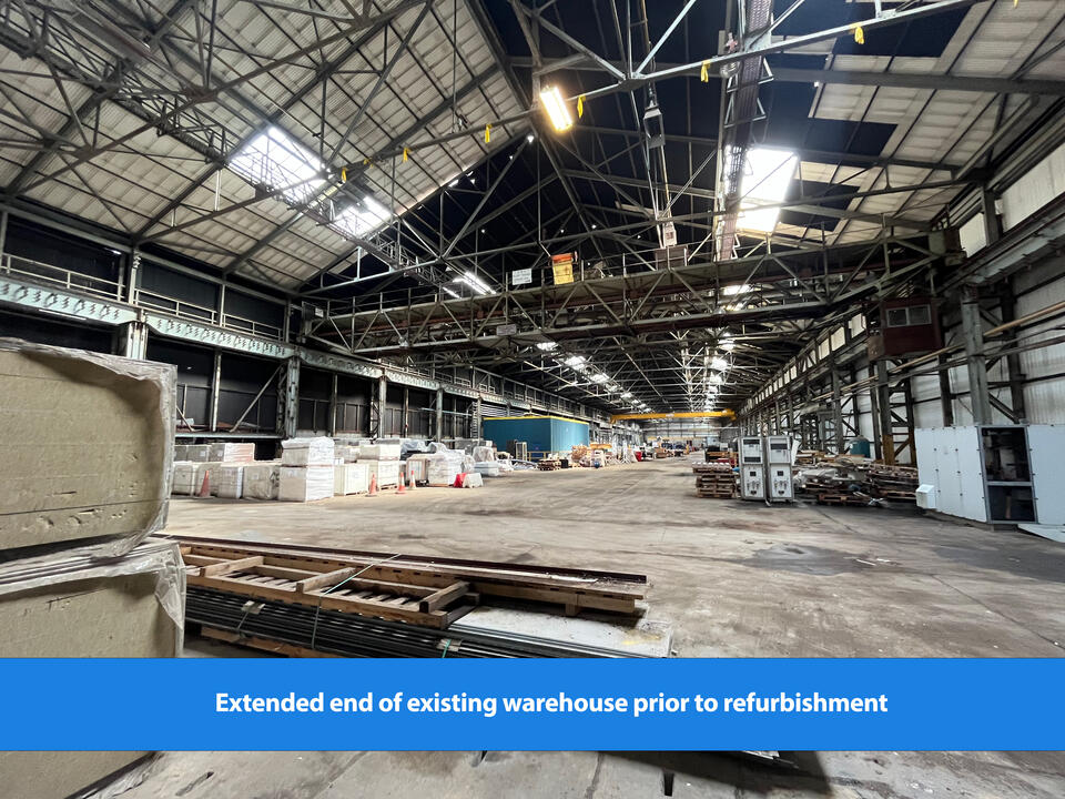 Extended end of warehouse prior to Building Systems UK refurbishment of the building