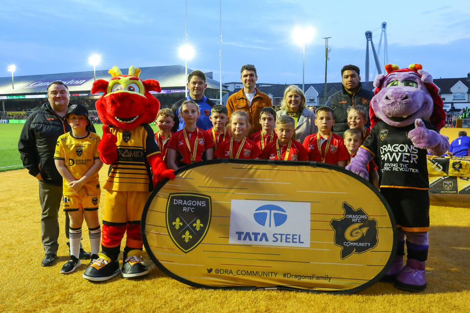 Young rugby players from participating primary schools compete during the Tata Steel – Phil James Memorial Finals at Dragons RFC.